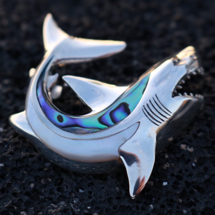 Shark Necklace Pendant. Sterling Silver, Mother of Pearl, Abalone Paua Shell.