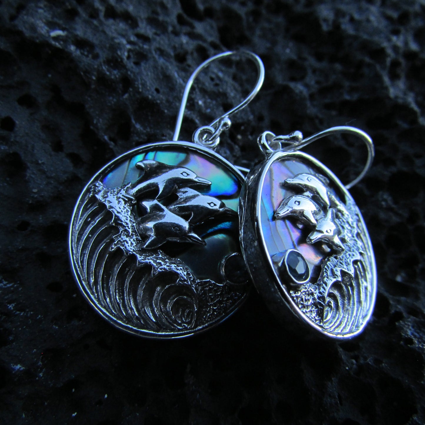 Dolphin Wave Earrings | Blue Topaz | Paua Abalone  Shell | Sterling Silver | Ocean | Beach | Gift | Jewelry | Handmade | Unique