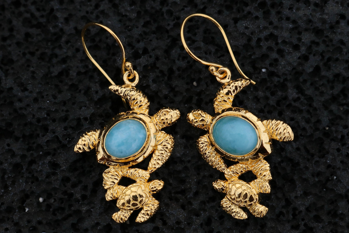 Larimar Turtles 18K Gold Vermeil Dangle Drop Earrings. Sterling Silver.
