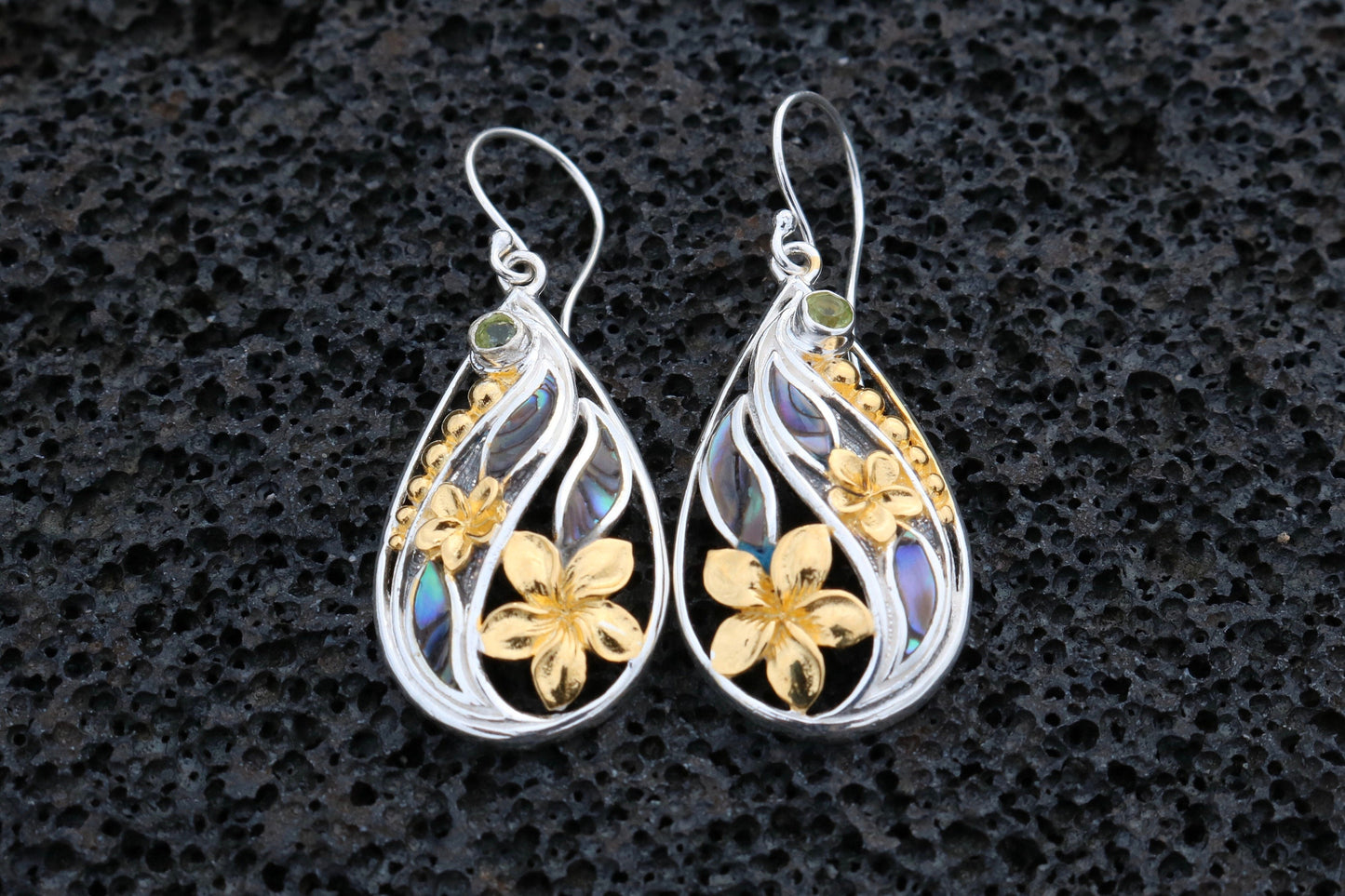18K Gold Vermeil Plumeria Flowers Teardrop Earrings. Abalone Shell, Sterling Silver, Peridot.