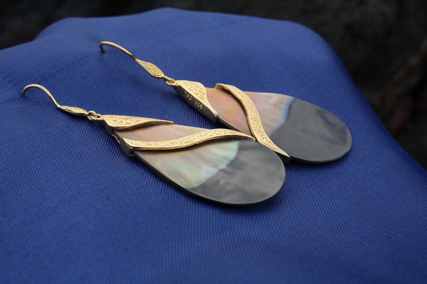 18k Gold Teardrop Black Oyster Shell Earrings Double Tribal Design. Sterling Silver.