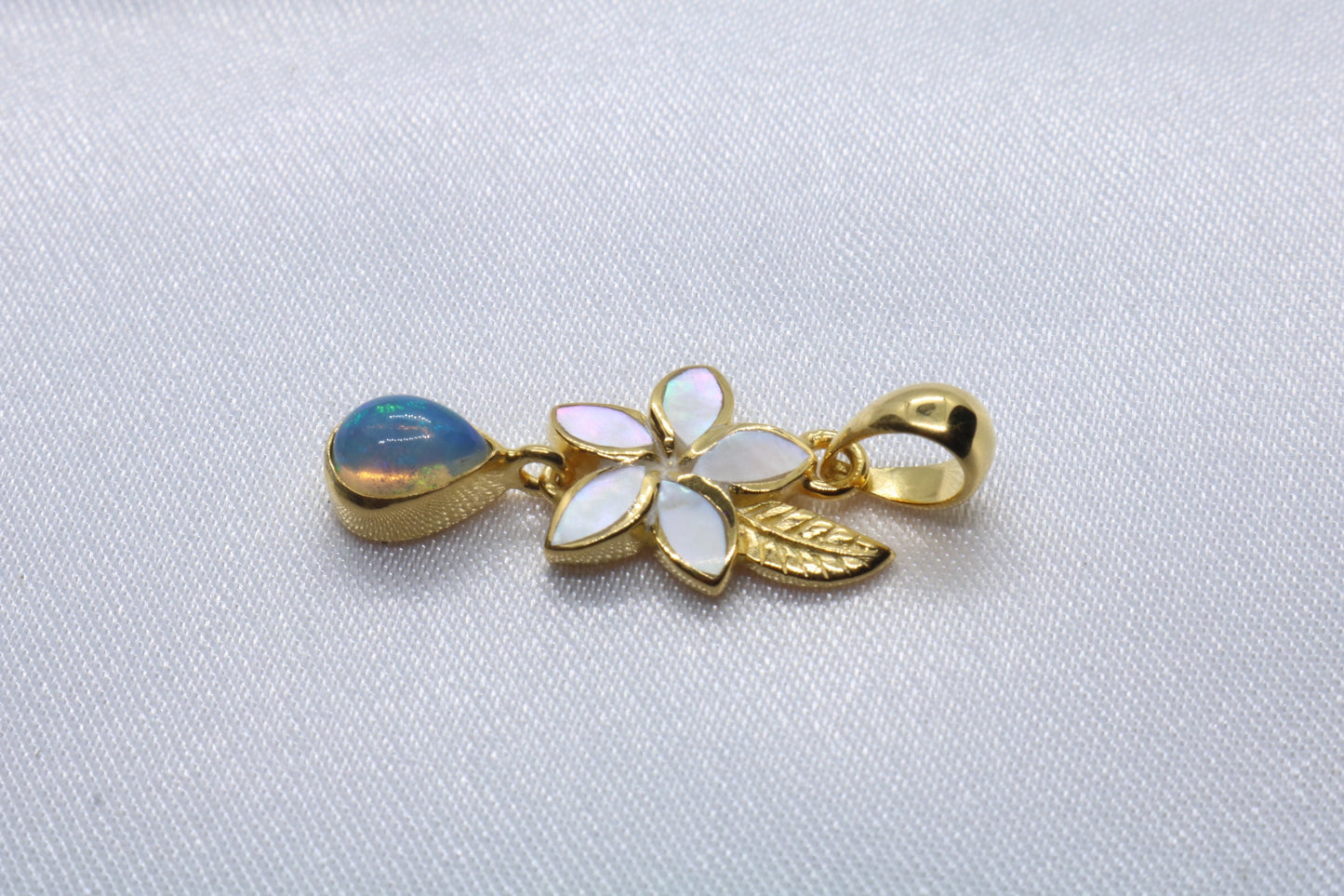 Opal Plumeria Flower 18k Gold Vermeil Mother of Pearl Charm Necklace Pendant