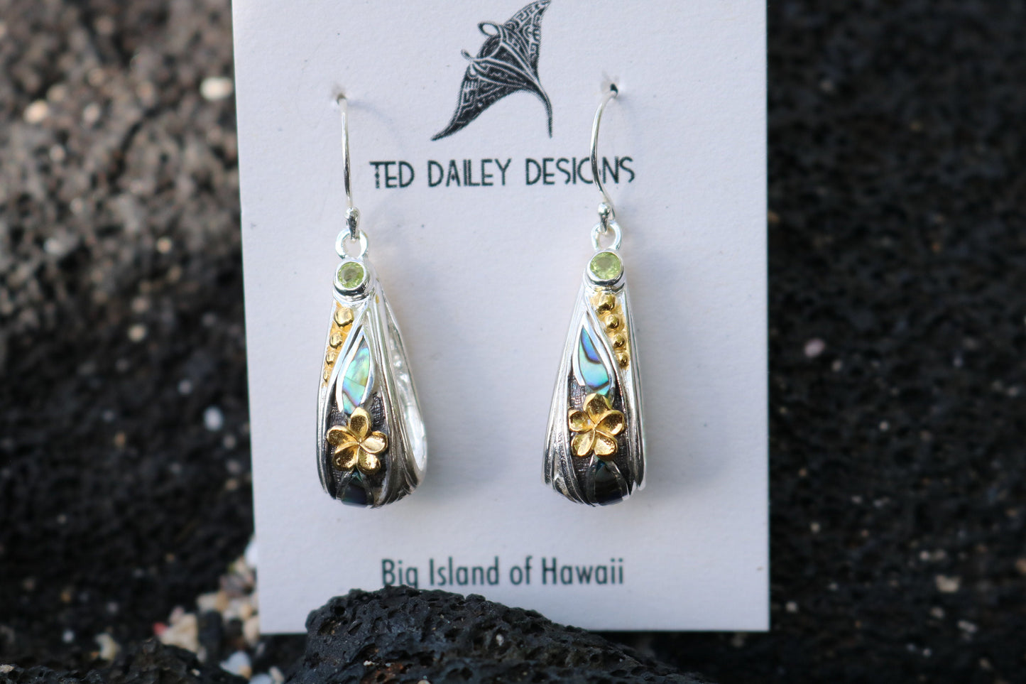 18K Gold Vermeil Plumeria Peridot Abalone Shell Hoop Earrings. Sterling Silver.