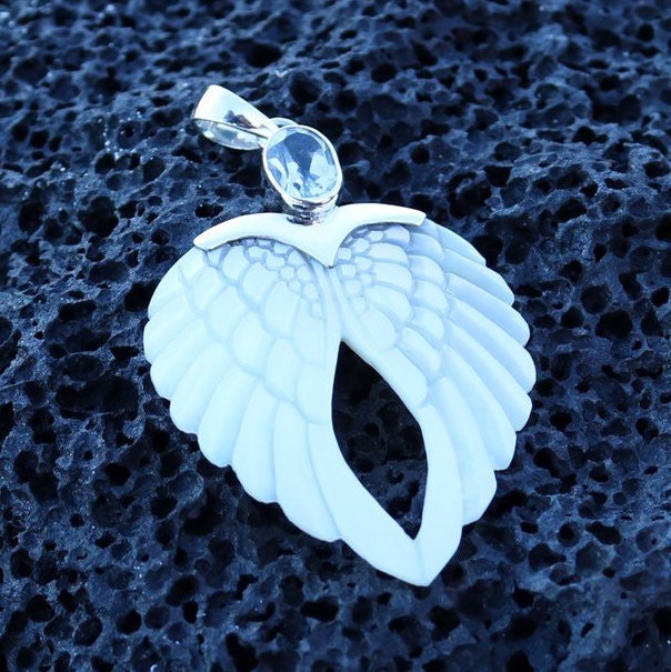 Angel Wings Heart Mother of Pearl Shell Necklace Pendant with Blue Topaz. Sterling Silver.