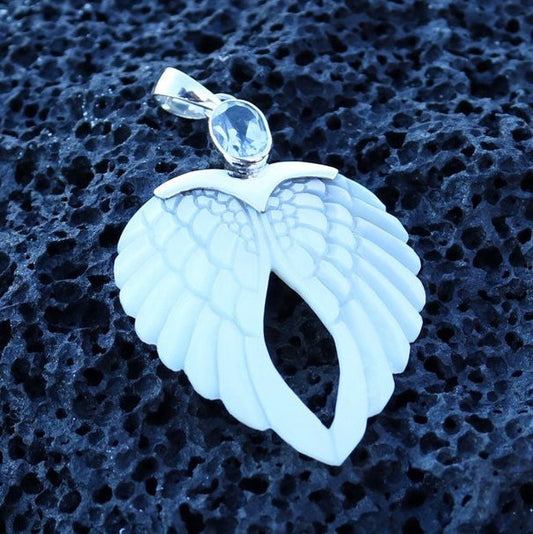 Angel Wings Heart Mother of Pearl Shell Necklace Pendant with Blue Topaz. Sterling Silver.