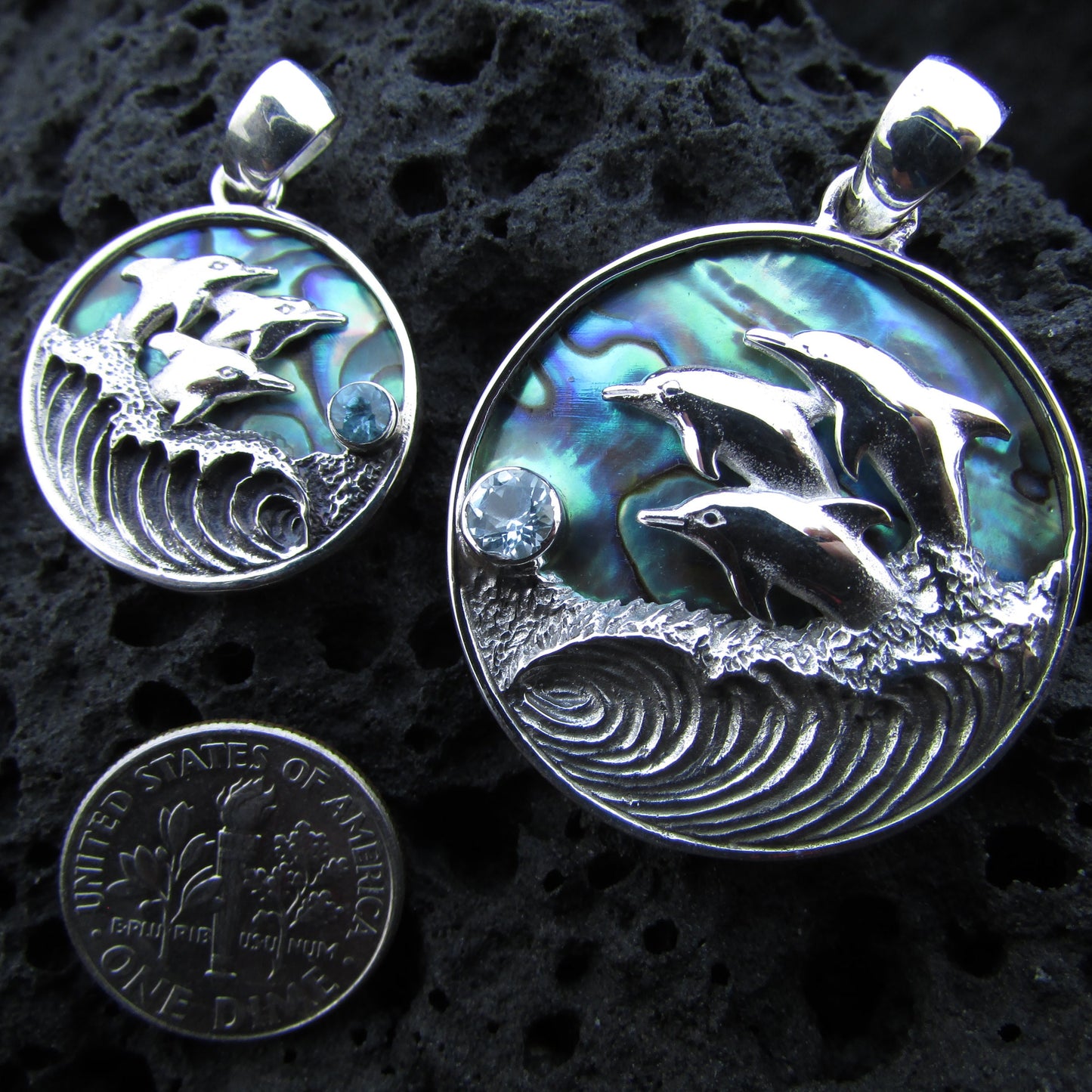 Dolphin Wave Necklace Pendant Large | Blue Topaz | Abalone Paua Shell | Sterling Silver | Ocean | Beach | Gift | Jewelry | Handmade | Unique