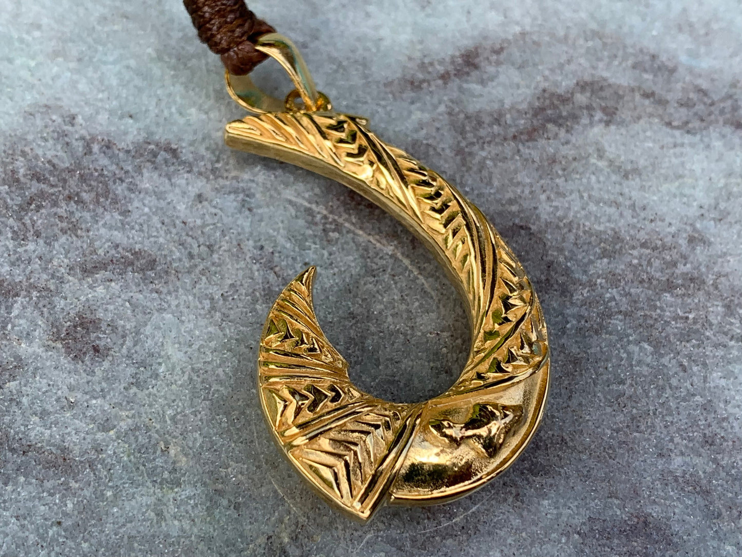 Hawaiian Maui Island Fishing Hook Tribal Necklace Pendant. 18K Gold Vermeil.