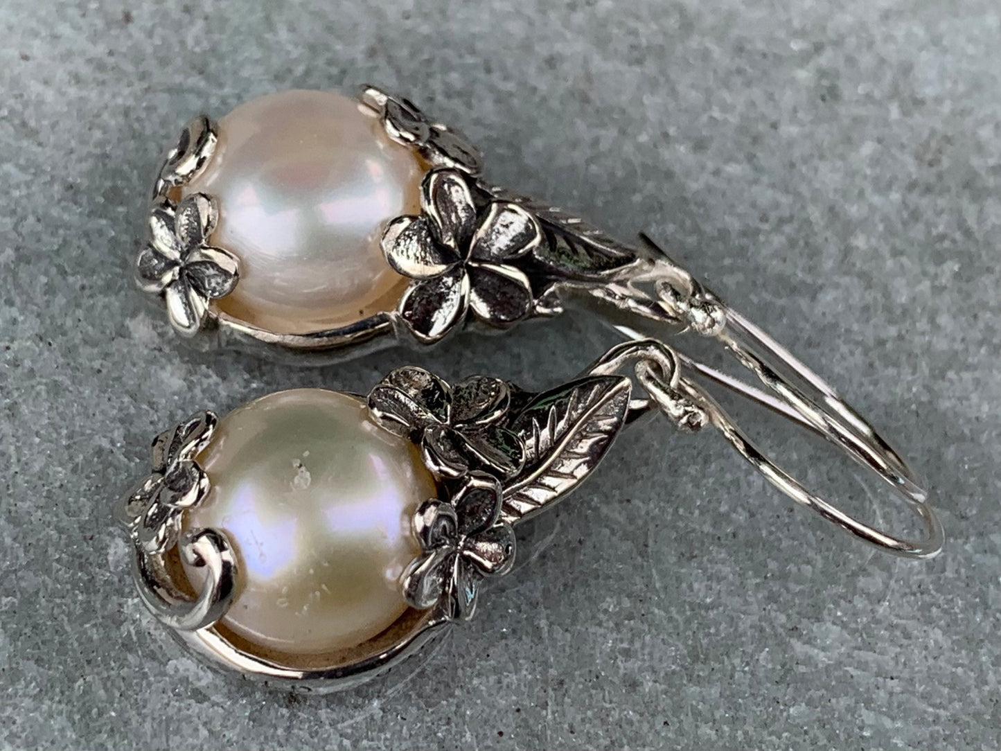 Plumeria Flower White Mabe Pearl Silver Earrings