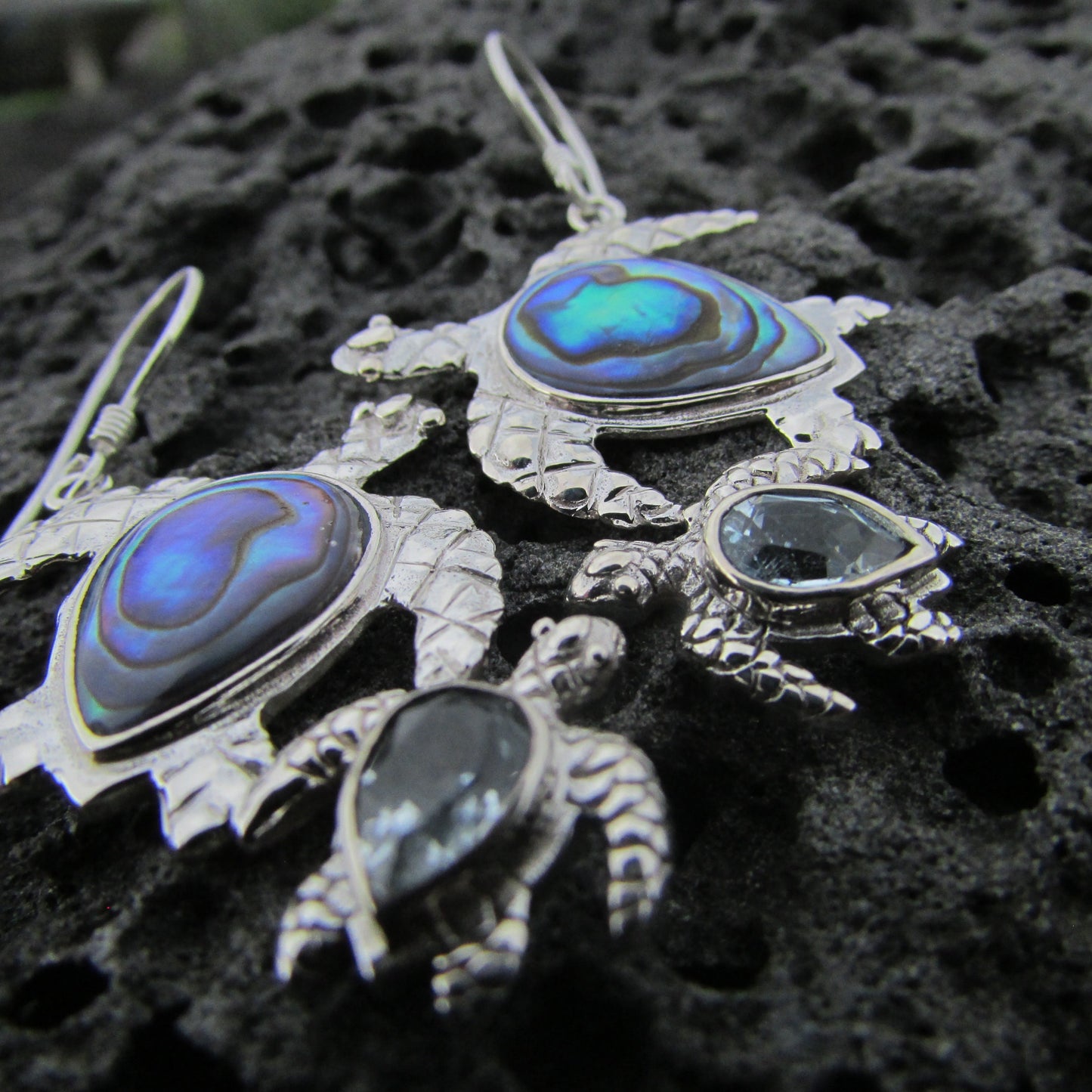 Sea Turtle Couple Earrings  | Abalone Paua Shell | Blue Topaz | Sterling Silver | Ocean | Beach | Gift | Jewelry | Handmade | Unique