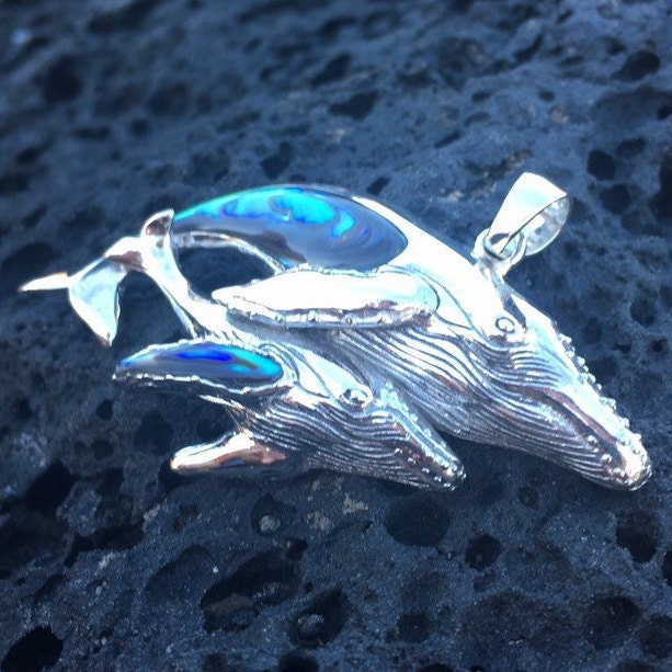 Mother and Baby Whale Necklace Pendant. Sterling Silver, Abalone Paua Shell.