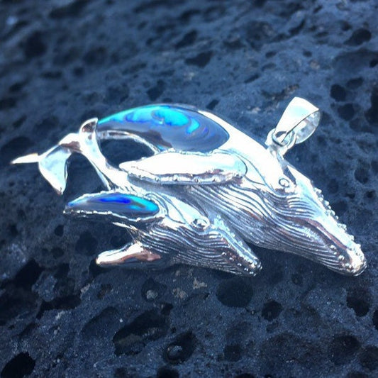 Mother and Baby Whale Necklace Pendant. Sterling Silver, Abalone Paua Shell.