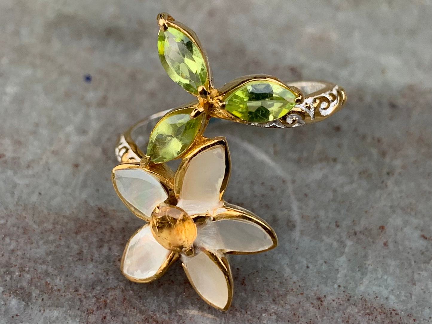Plumeria Flower Ring. Gold, Silver, Citrine, Peridot, Mother of Pearl.