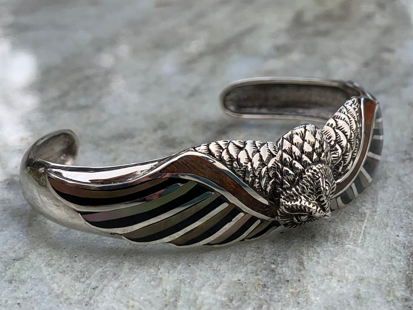 Owl cuff bracelet. Hawaiian Koa Wood. Mother of Pearl, Black Lip Oyster Shell, Sterling Silver.