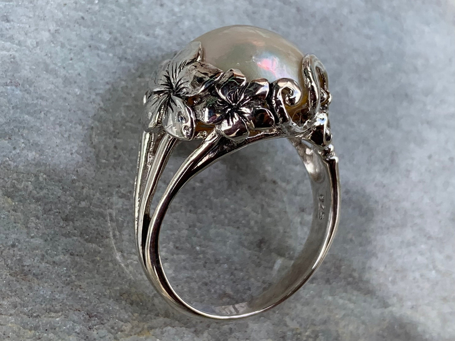 White Mabe Pearl Plumeria Flower Silver Ring