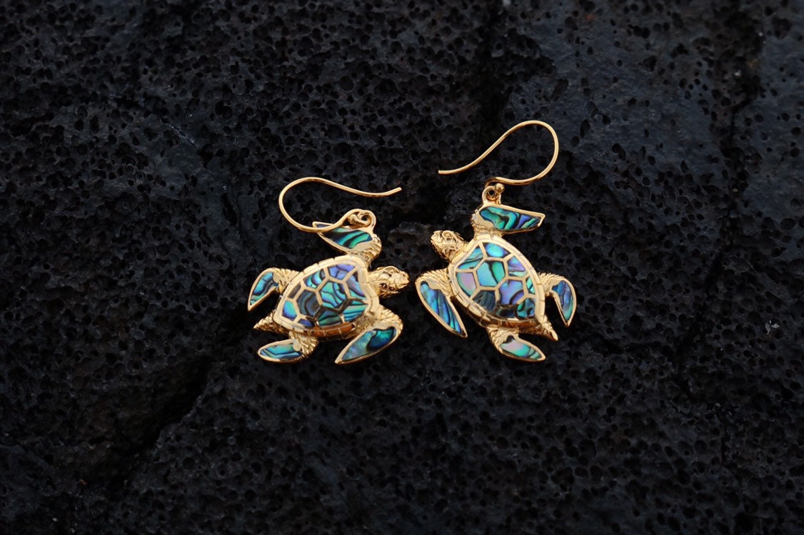 18K Gold Vermeil Green Sea Turtle Earrings. Hawaiian Honu Aumakua. Abalone Paua Shell.
