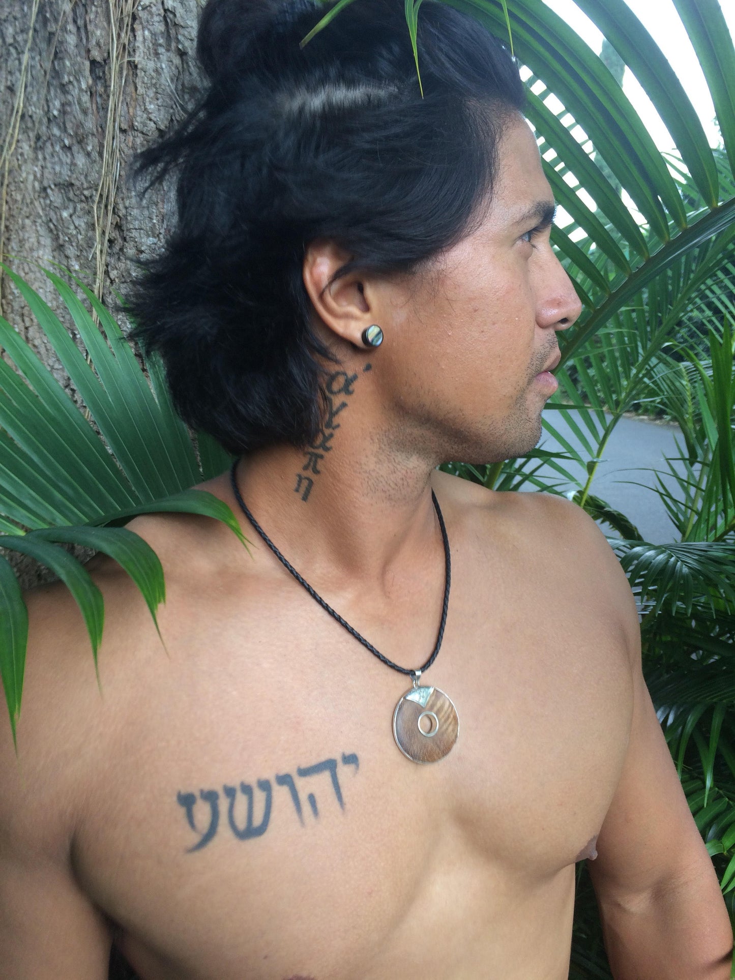 Hawaii Paddler Petroglyph Disc Pendant Necklace | Koa Wood | Sterling Silver | Ocean | Beach | Gift | Jewelry | Handmade | Unique