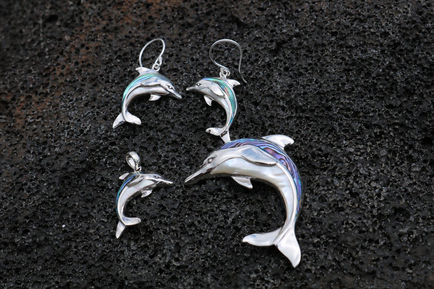 Aumakua Dolphin Necklace Pendant. Abalone Paua Shell, Mother of Pearl, Sterling Silver.