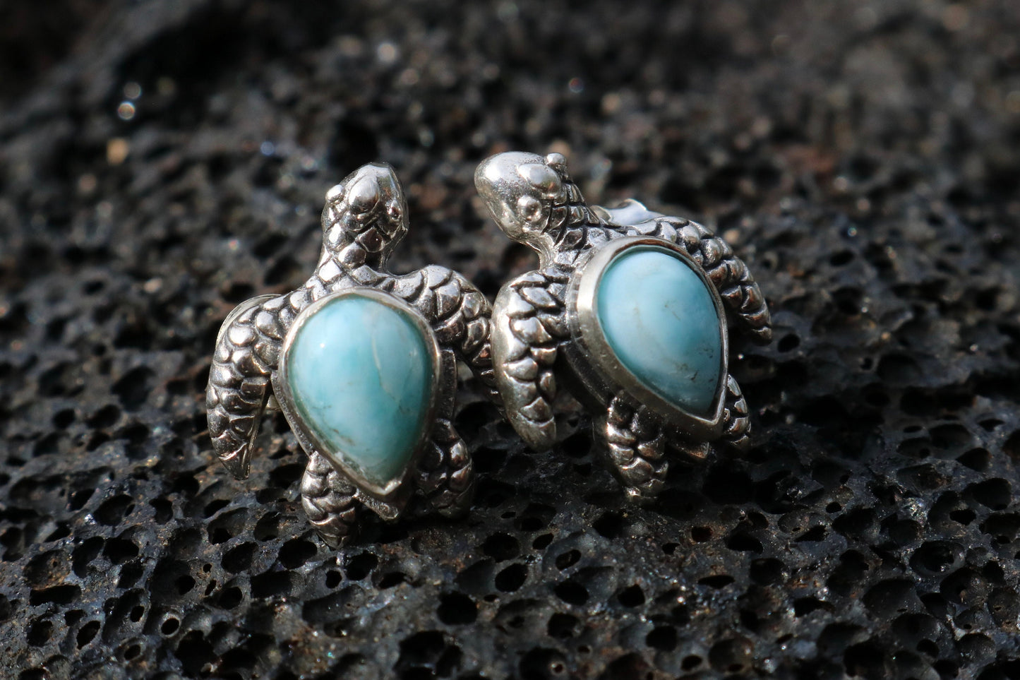 Larimar Turtle Earrings Studs. Sterling Silver.