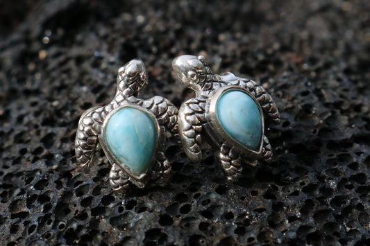 Larimar Turtle Earrings Studs. Sterling Silver.