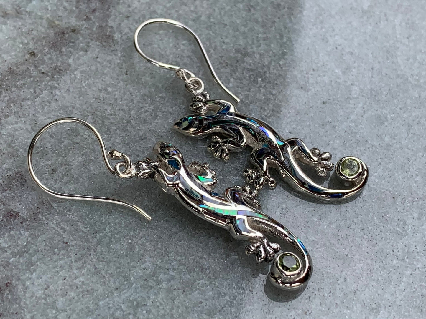Gecko Lizard Salamander Earrings Silver Peridot