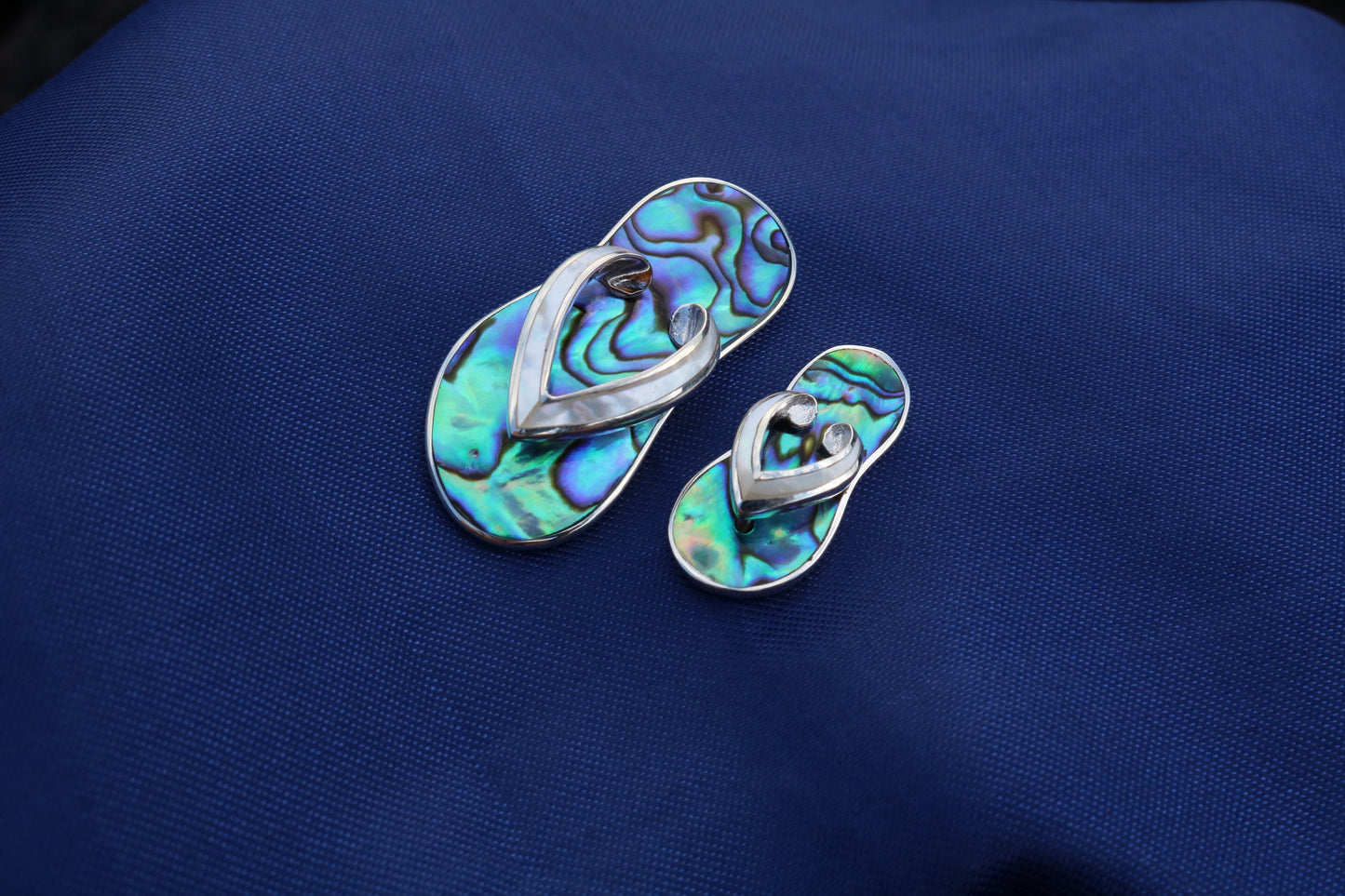 Beach Slippers Pendant Necklace. Abalone Shell, Sterling Silver, Mother of Pearl.