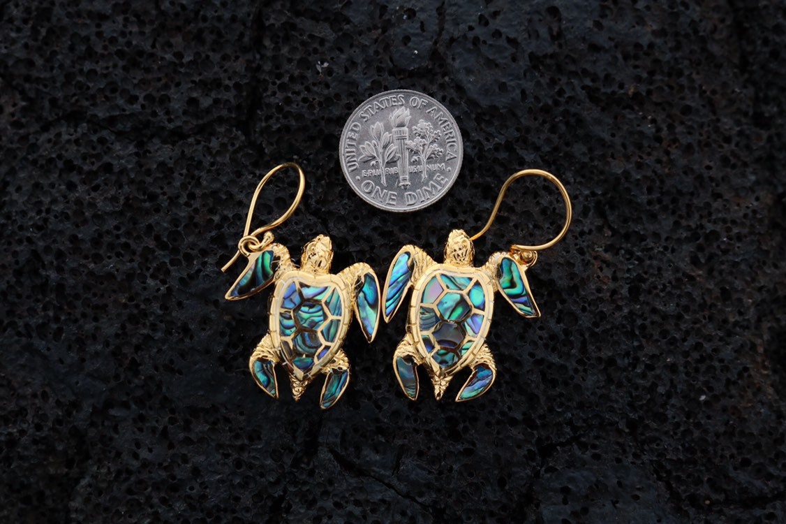 18K Gold Vermeil Green Sea Turtle Earrings. Hawaiian Honu Aumakua. Abalone Paua Shell.