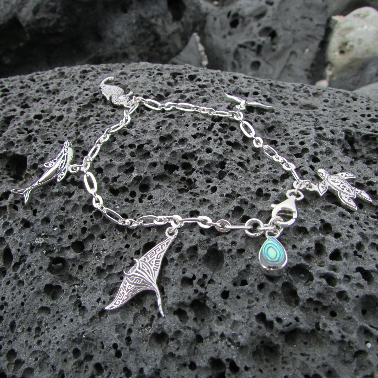 Charm Bracelet | Dolphin | Manta Ray | Seahorse | Sea Turtle | Whale Tail | Sterling Silver | Abalone Paua Shell | Ocean | Beach | Gift