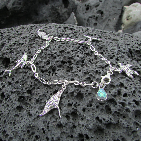 Charm Bracelet | Dolphin | Manta Ray | Seahorse | Sea Turtle | Whale Tail | Sterling Silver | Abalone Paua Shell | Ocean | Beach | Gift