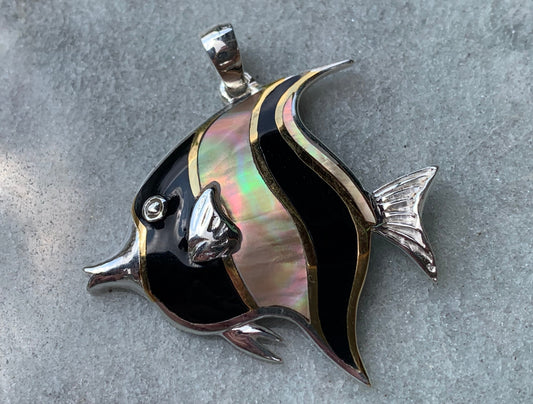 Fish Moorish Idol Hawaiian Tropical Pendant Necklace. Sterling Silver, Mother of Pearl.