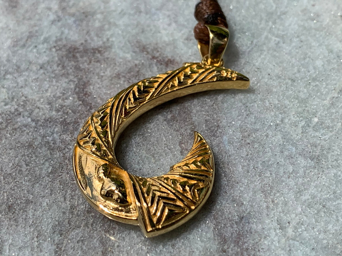 Hawaiian Maui Island Fishing Hook Tribal Necklace Pendant. 18K Gold Vermeil.