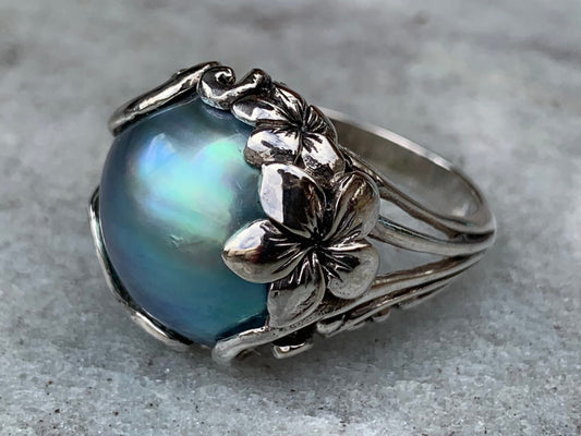 Blue Mabe Pearl Plumeria Flower Silver Ring