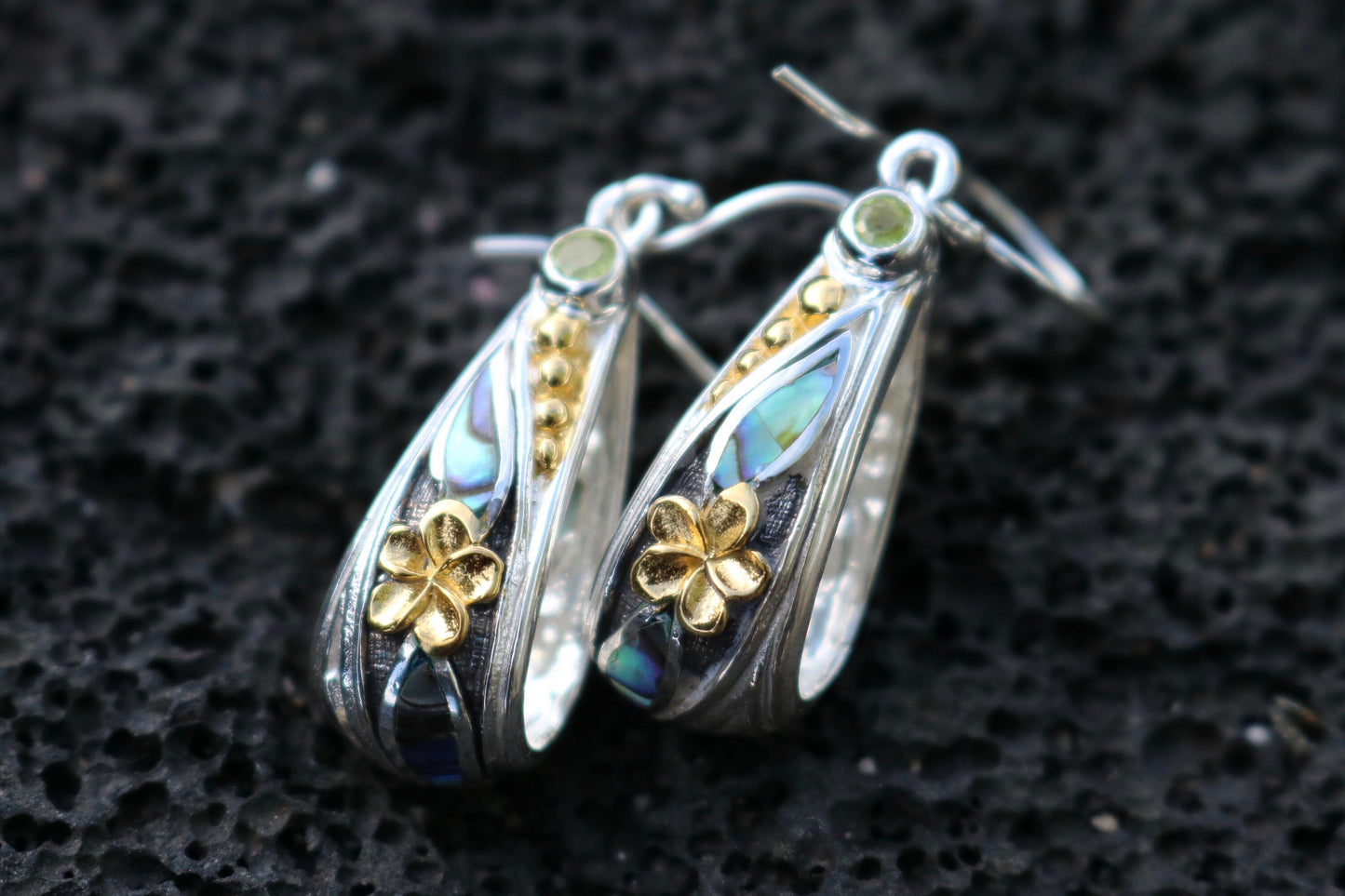 18K Gold Vermeil Plumeria Peridot Abalone Shell Hoop Earrings. Sterling Silver.