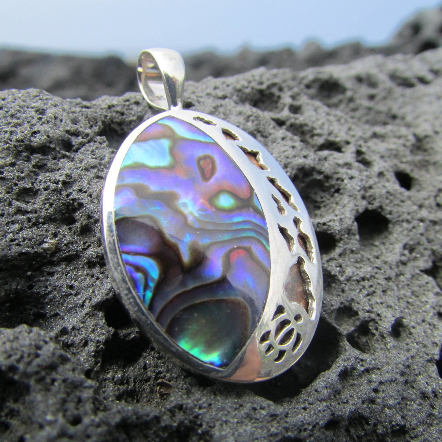 Hawaii Island Chain Turtle Necklace Pendant Small | Paua Abalone Shell | Sterling Silver | Ocean | Beach | Gift | Jewelry | Handmade Unique