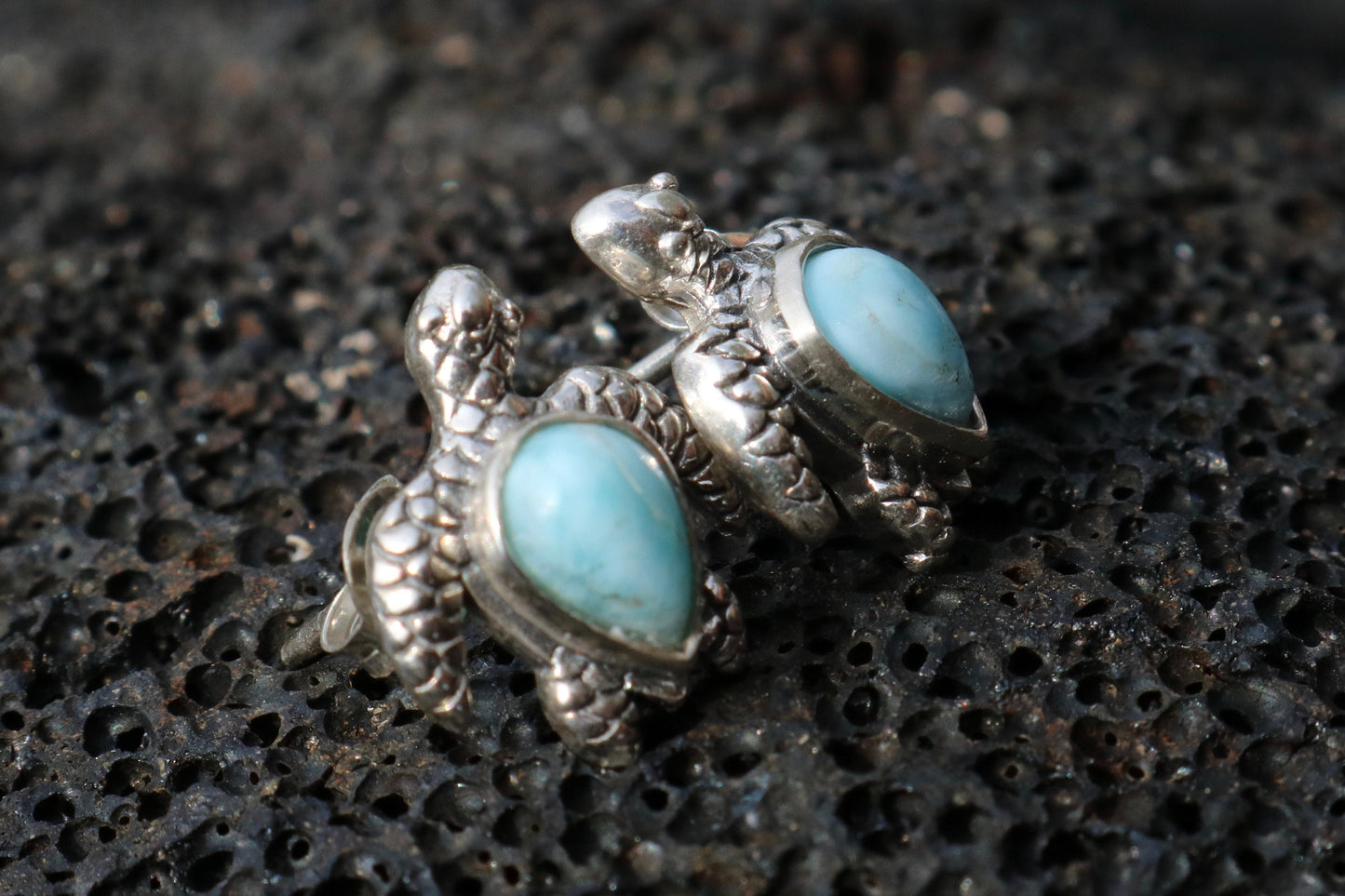 Larimar Turtle Earrings Studs. Sterling Silver.
