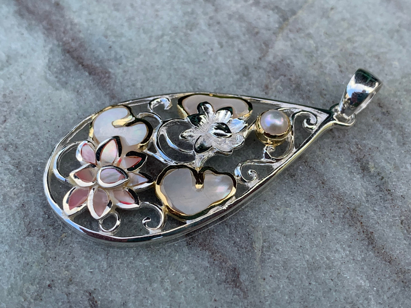 Pink Lotus Flower Necklace Pendant. Sterling Silver, Pearl, Gold, Mother of Pearl.