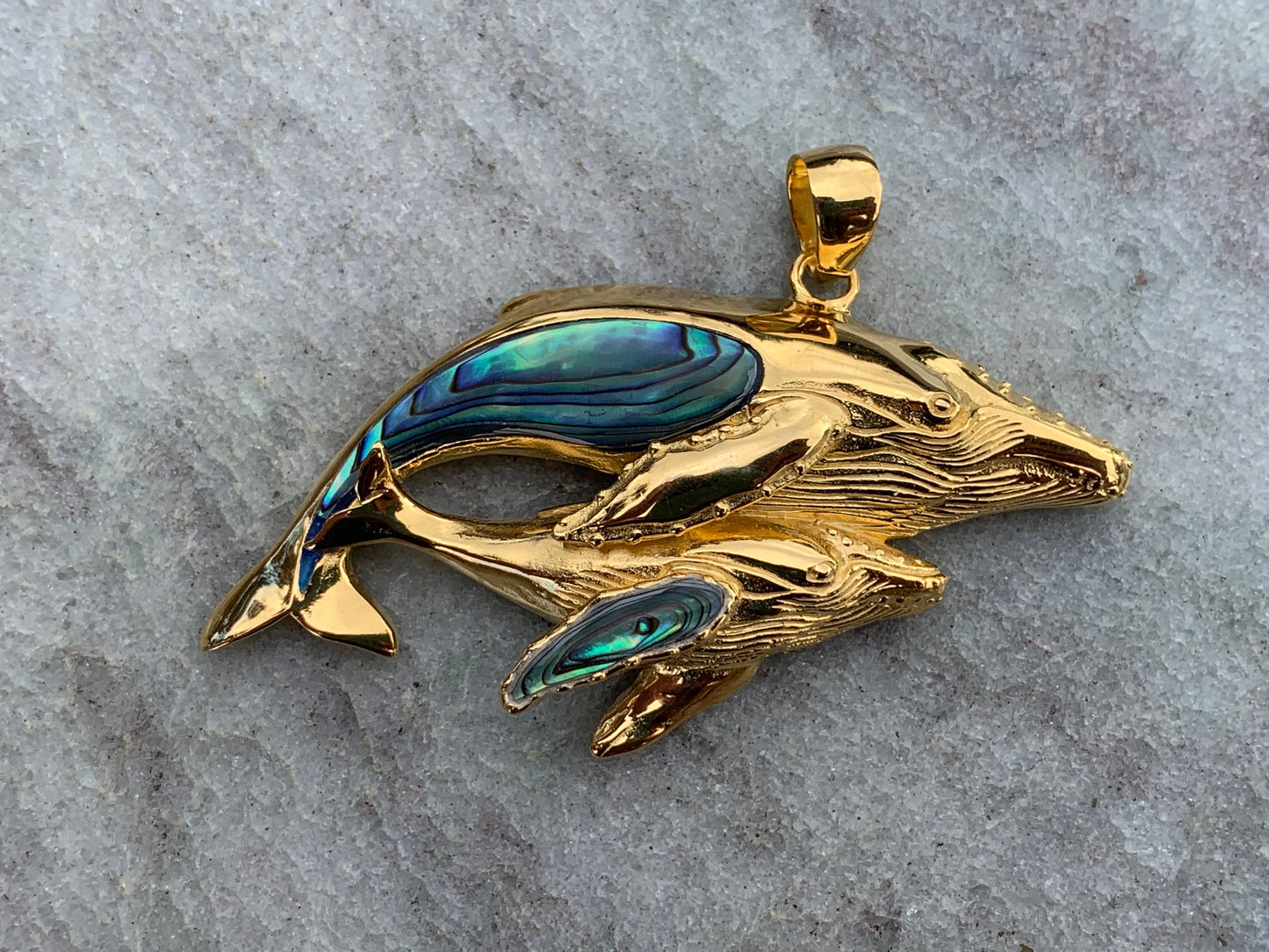 Mother and Baby Humpback Whale Necklace Pendant. 18k Gold Vermeil, Abalone Paua Shell.