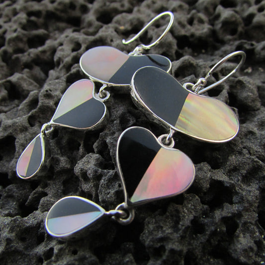 Heart Teardrop Earrings. Black Ouster, Mother of Pearl Shell. Sterling Silver.