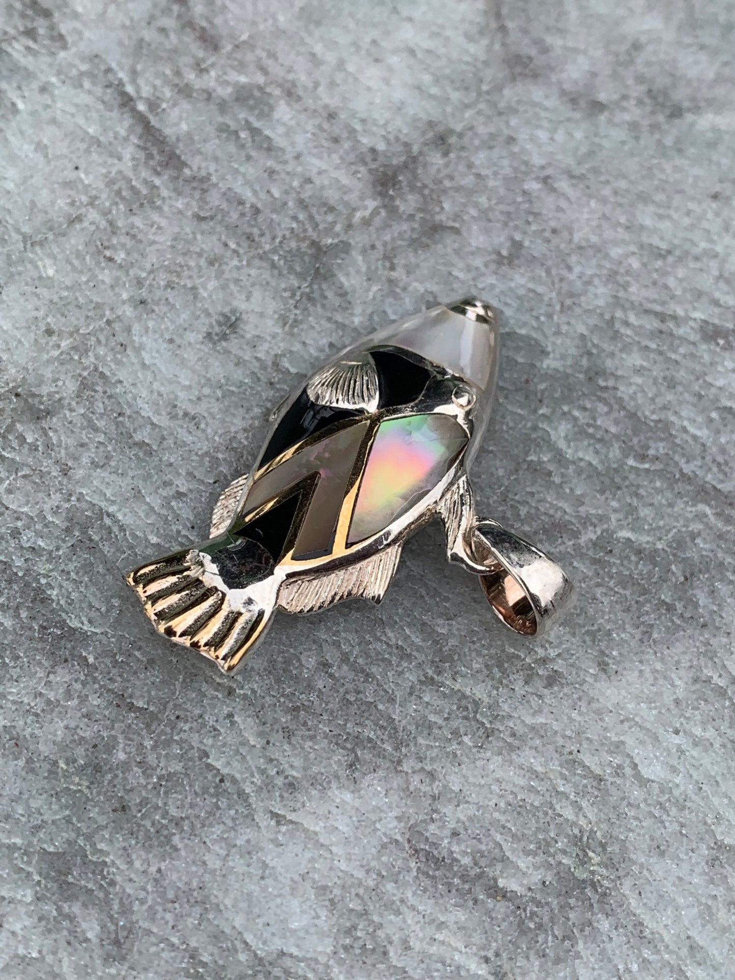 Humuhumunukunukuapua’a (Trigger Fish) Hawaiian State Fish Necklace Pendant. Silver, Mother of Pearl, Black Lip Oyster Shell.