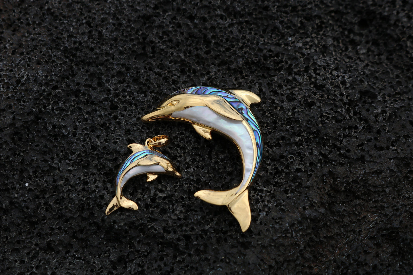 18K Gold Vermeil Aumakua Dolphin Necklace Pendant. Abalone Paua Shell, Mother of Pearl, Sterling Silver, 18K Gold.