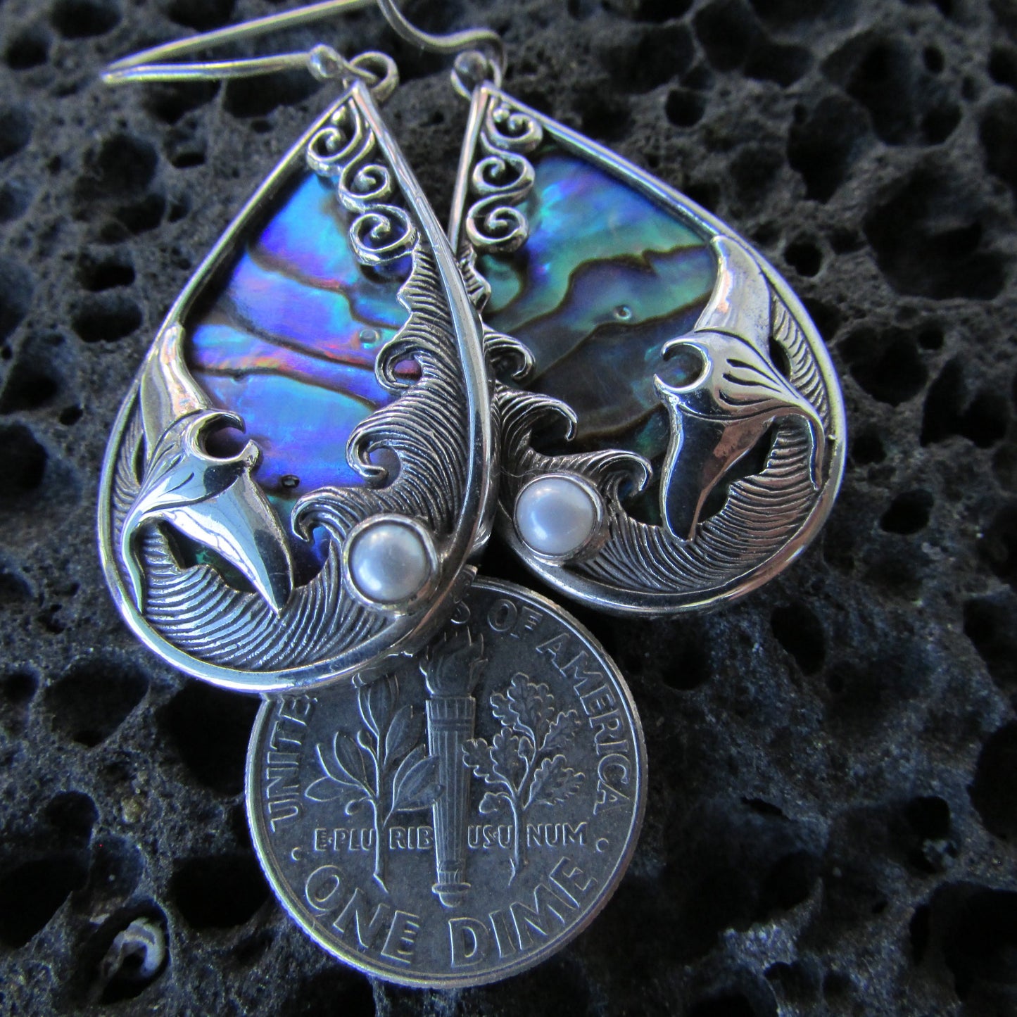 Manta Ray Wave Earrings | Abalone Paua Shell | Pearl | Sterling Silver | Ocean | Beach | Gift | Jewelry | Handmade | Unique