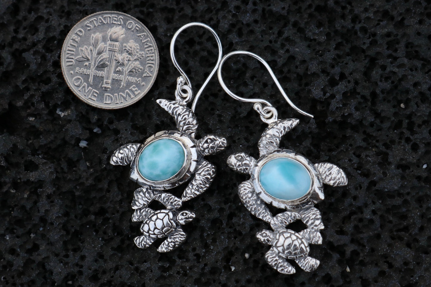 Larimar Turtles Dangle Drop Earrings. Sterling Silver.
