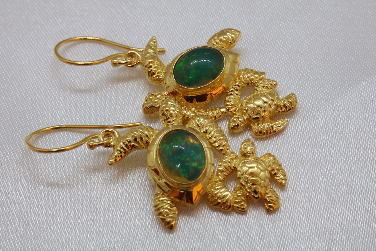 Opal Turtle Hawaiian Honu Mom and Baby 18k Gold Vermeil Earrings