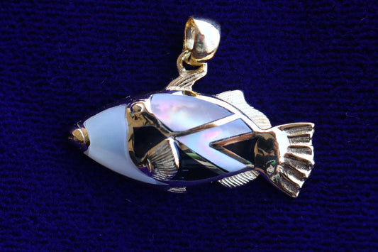 Humuhumunukunukuapua’a (Trigger Fish) Hawaiian State Fish Necklace Pendant. 18k Gold Vermeil, Silver, Mother of Pearl.