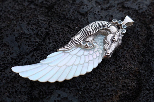 Pegasus Horse Wings Cowgirl Jewelry Necklace Pendant. Sterling Silver, Blue Topaz, Mother of Pearl.