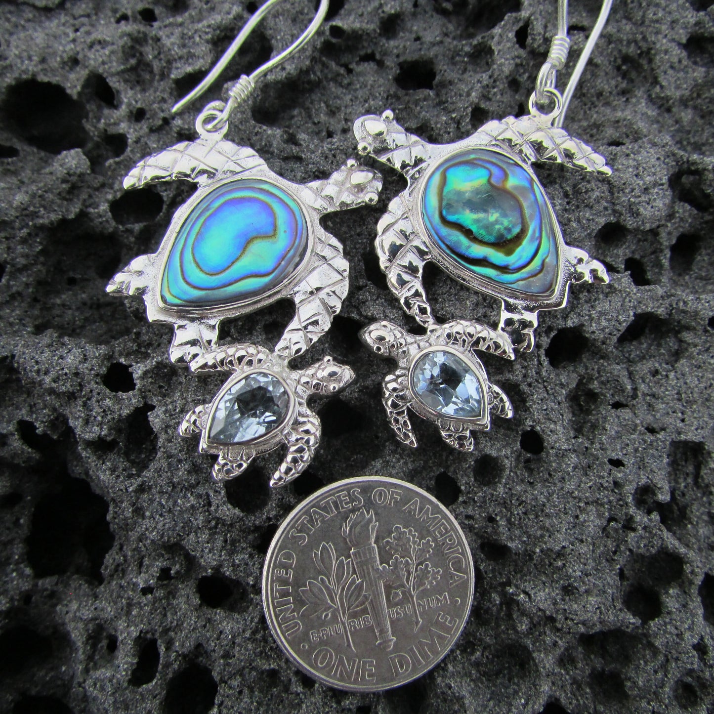 Sea Turtle Couple Earrings  | Abalone Paua Shell | Blue Topaz | Sterling Silver | Ocean | Beach | Gift | Jewelry | Handmade | Unique
